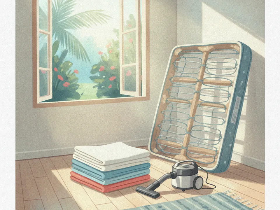Ilustración de un colchón destendido junto a una ventana abierta con luz de mañana, con sábanas recién lavadas dobladas al lado